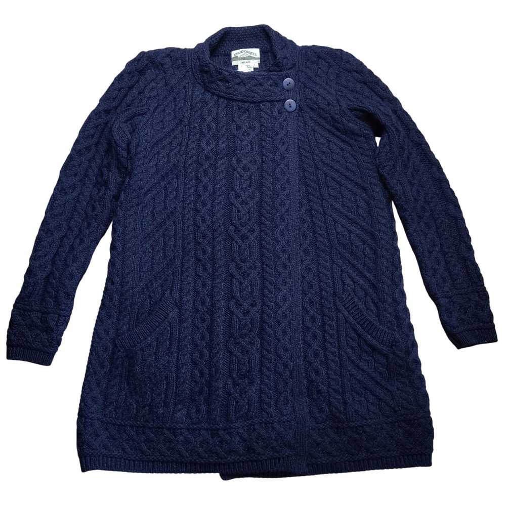 Aran Craft Merino Wool Sweater Cardigan Cable Knit Fisherman Womens Large Blue